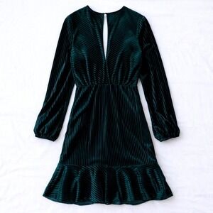 RYSE The Label Mini Dress Womens Small Teal Velvet Ribbed Ruffle Hem Long Sleeve